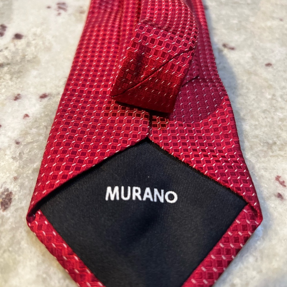 Murano Mens Red Geometric Micro Grid Pattern Silk Blend Necktie Business Formal - Picture 2 of 2